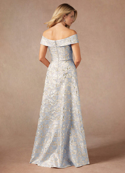 Dusty Blue A-Line Off the Shoulder Jacquard Dress