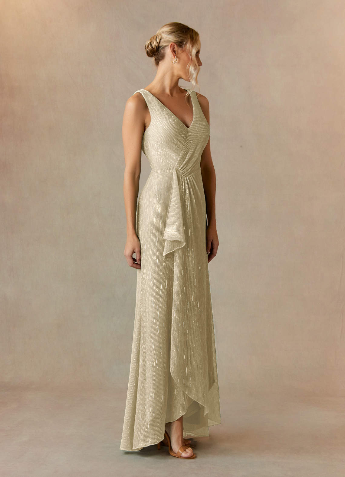Champagne Gold A-Line Ruched Metallic Mesh Dress