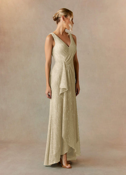 Champagne Gold A-Line Ruched Metallic Mesh Dress