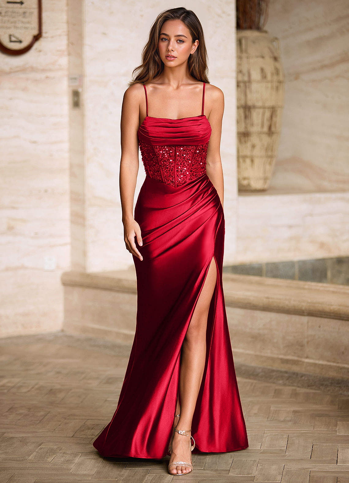 Starlit Red Cowl Neck Prom Dress