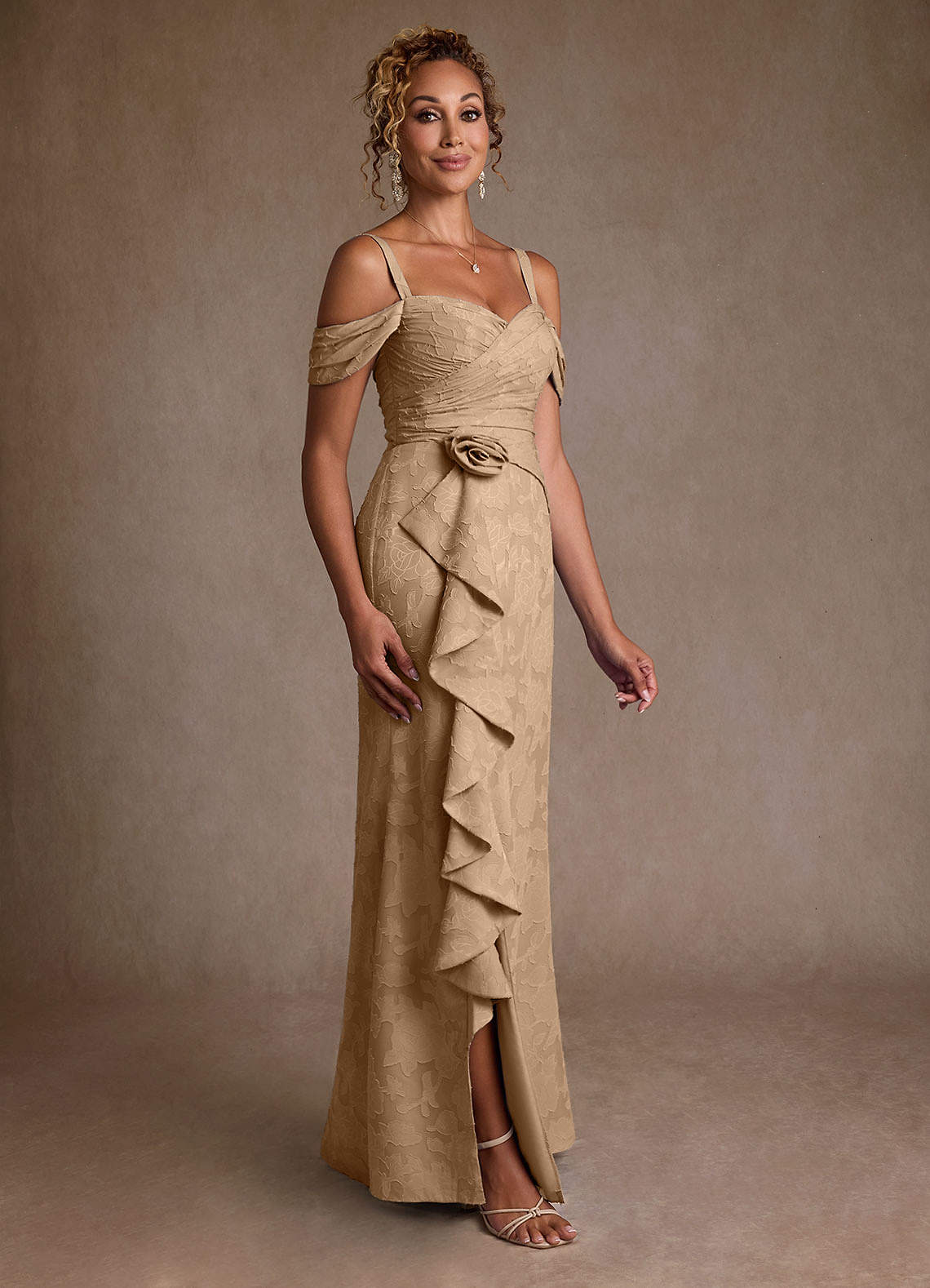 Champagne A-Line Off the Shoulder Floral Burnout Dress