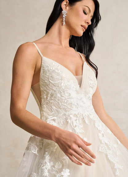 Diamond White Champagne A-Line V-Neck Sequins Tulle Dress