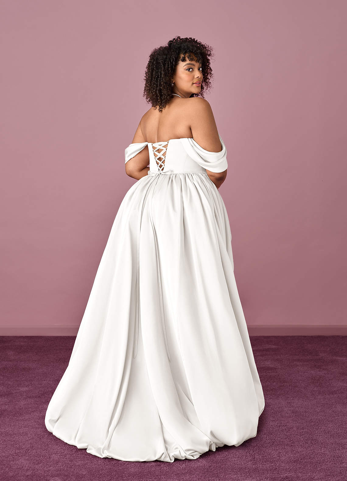 Diamond White Ball-Gown Off the Shoulder Stretch Satin Dress Diamond White