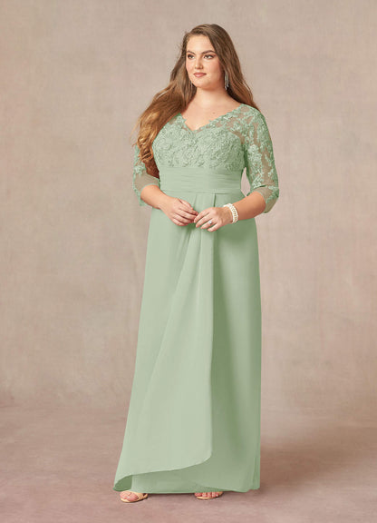 Dusty Sage Sheath V-Neck Lace Chiffon Dress