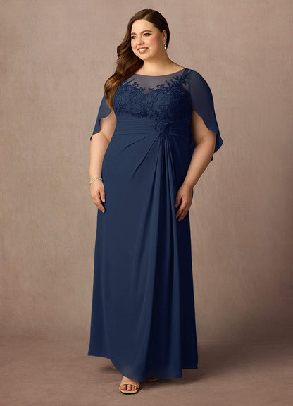 Dark Navy A-Line Lace Capelet Chiffon Dress