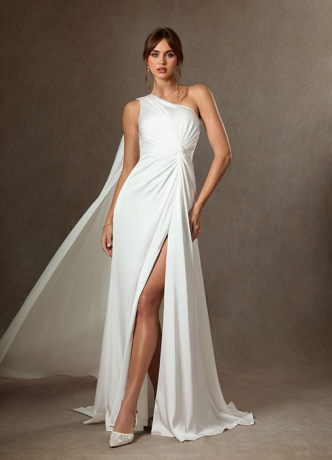 Diamond White A-Line One Shoulder Stretch Satin Dress