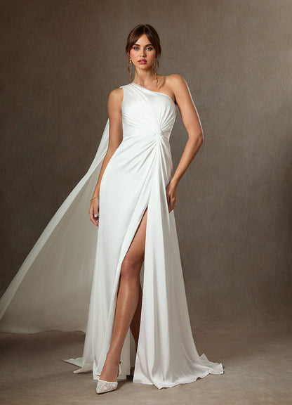 Diamond White A-Line One Shoulder Stretch Satin Dress