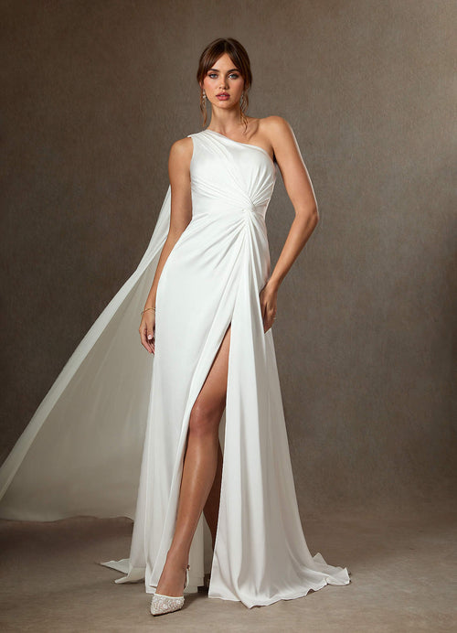 Diamond White A-Line One Shoulder Stretch Satin Dress
