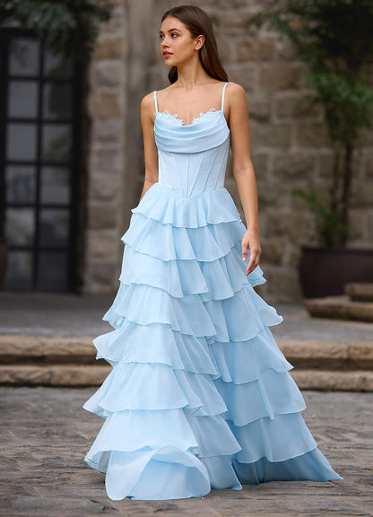 Floralace Sky Blue Ruffled A-Line Prom Dress