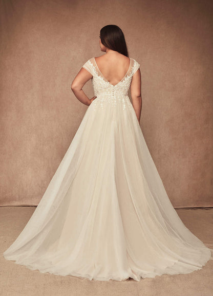 Diamond White Champagne A-Line V-Neck Tulle Dress