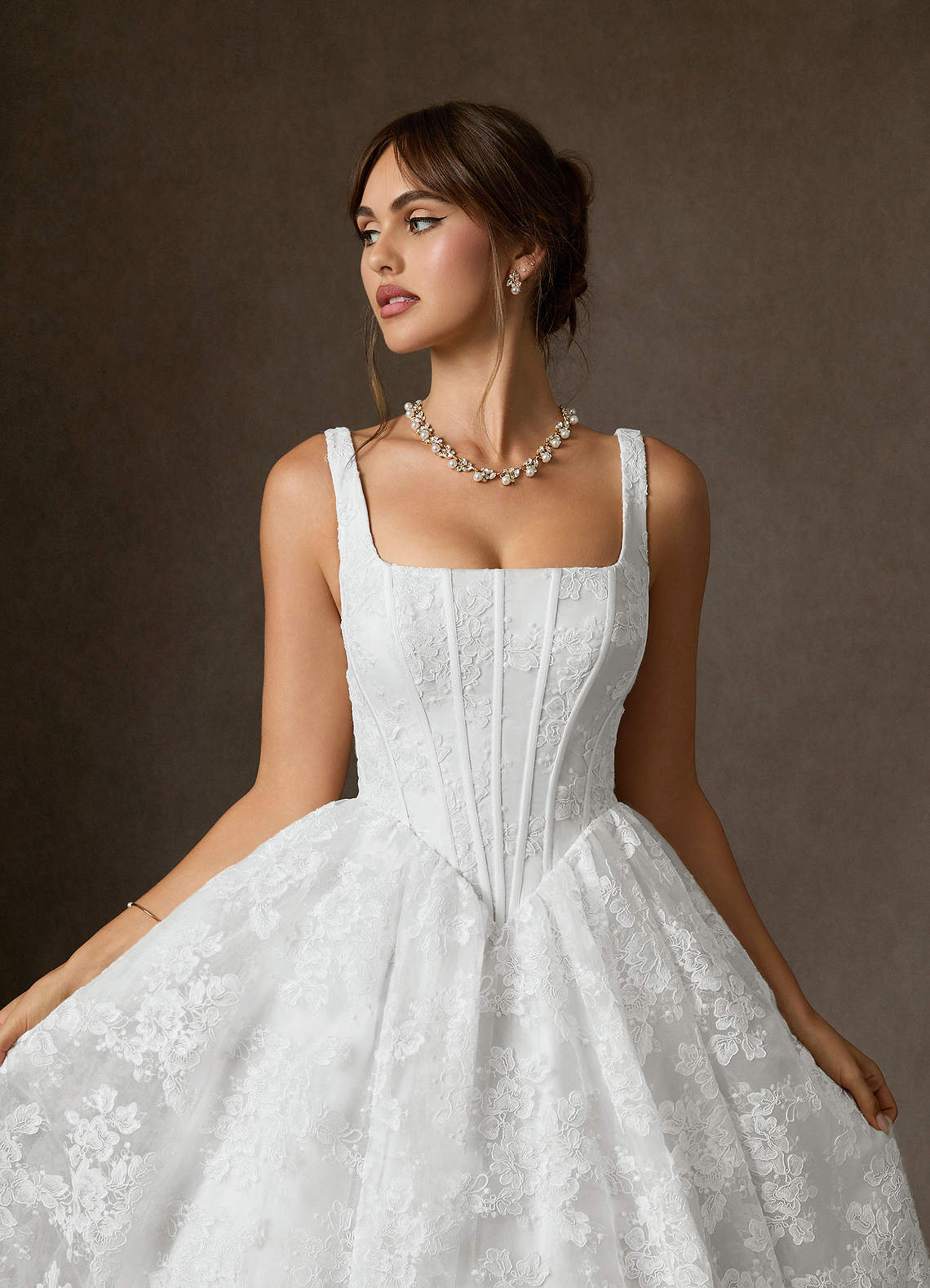 Diamond White Ball-Gown Square Neckline Lace Dress