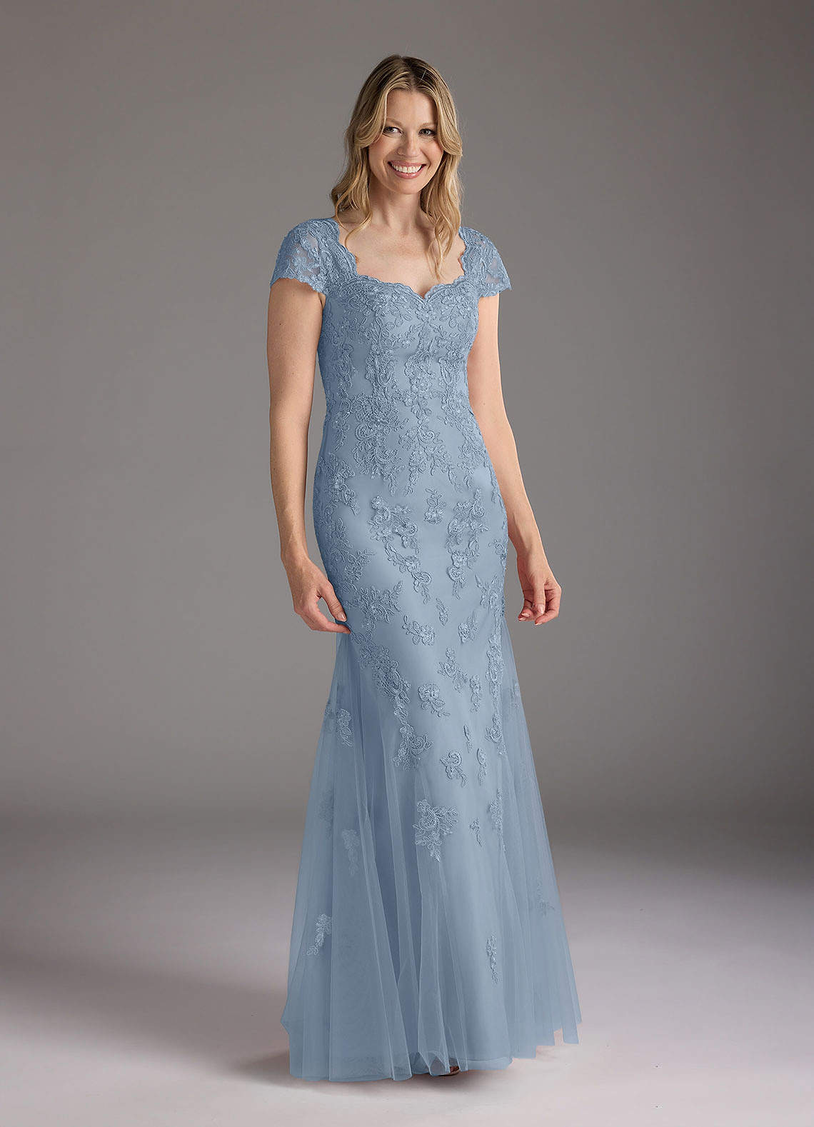 Dusty Blue Mermaid Queen Anne Sequins Lace Dress