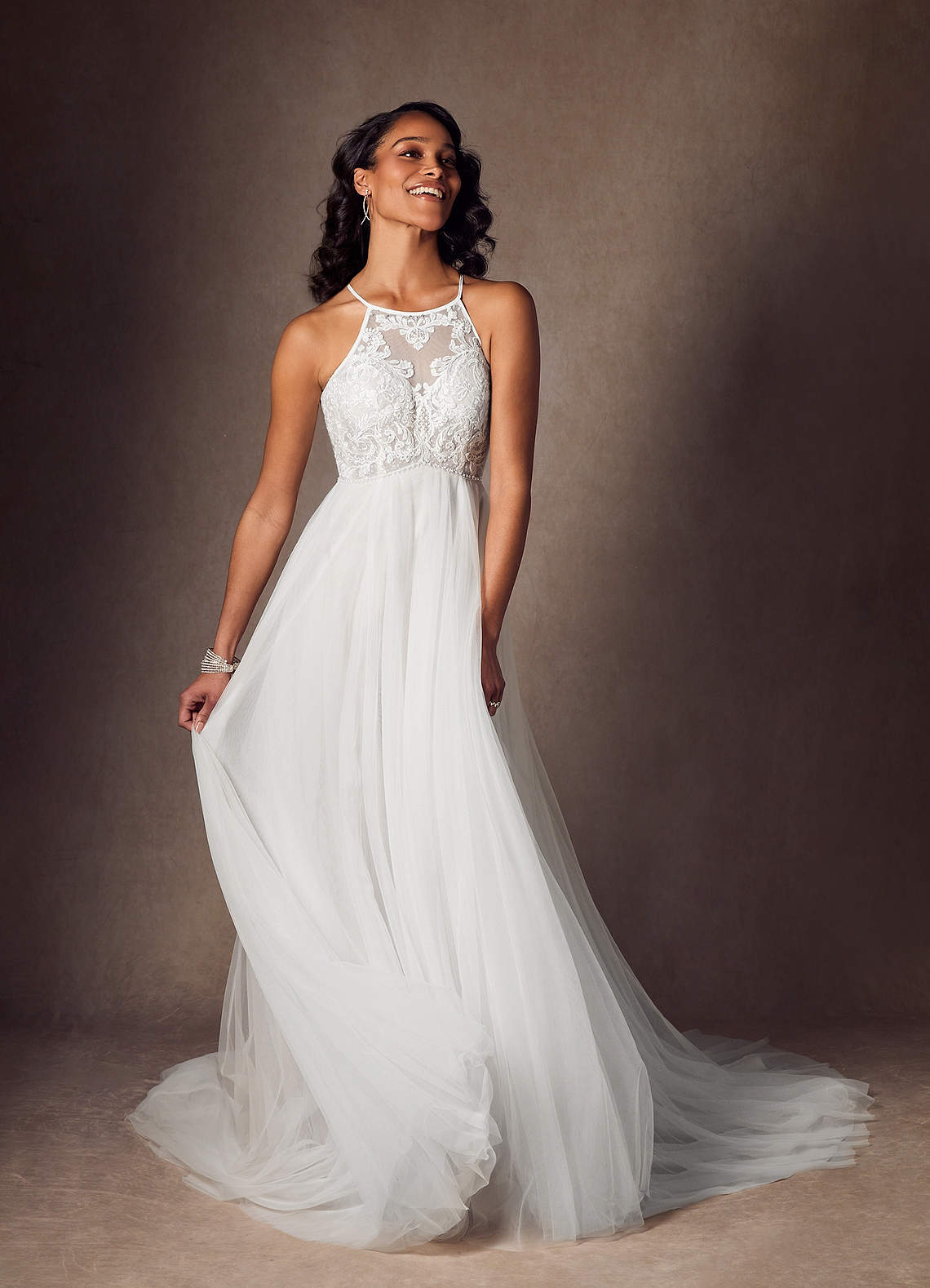Diamond White A-Line Halter Sequins Tulle Dress