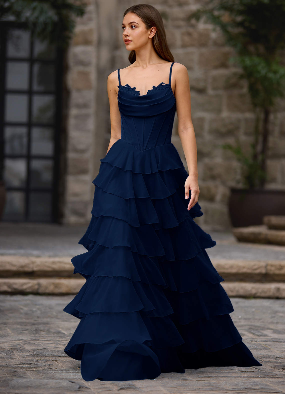 Floralace Navy Ruffled A-Line Prom Dress