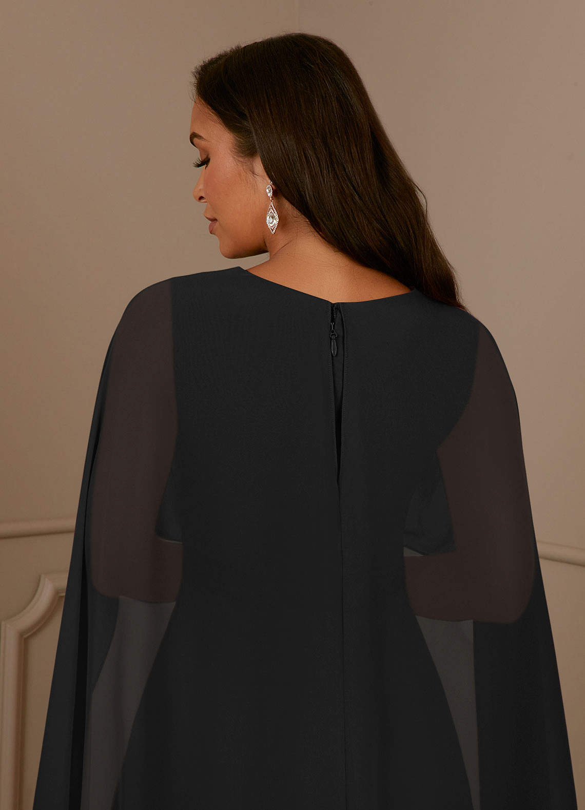 Black A-Line V-Neck Pleated Chiffon Dress