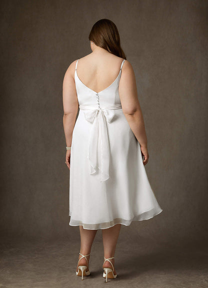 Diamond White A-Line V-Neck Pleated Crinkle Chiffon Dress