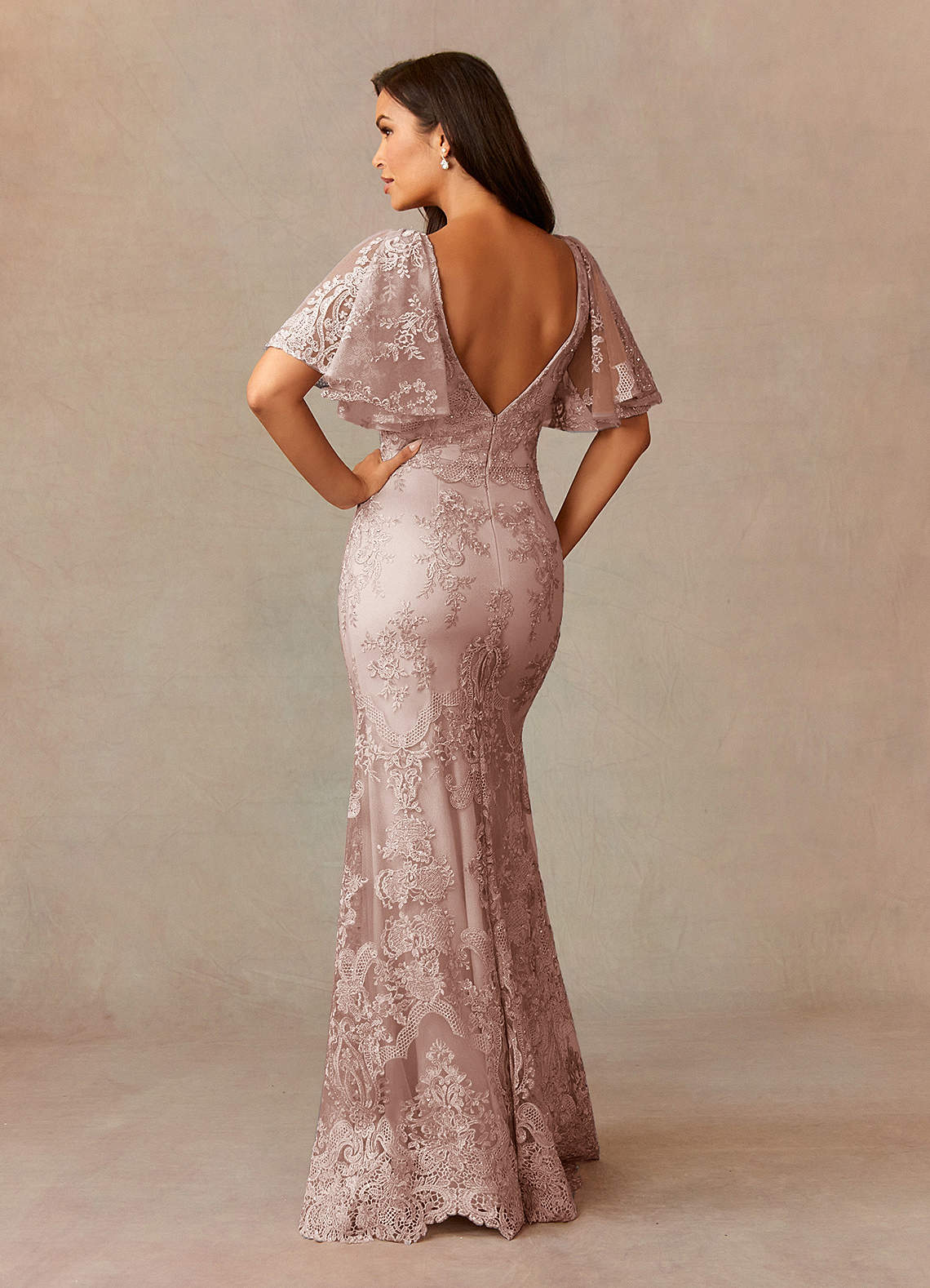 Dusty Rose Mermaid V-Neck Lace Dress