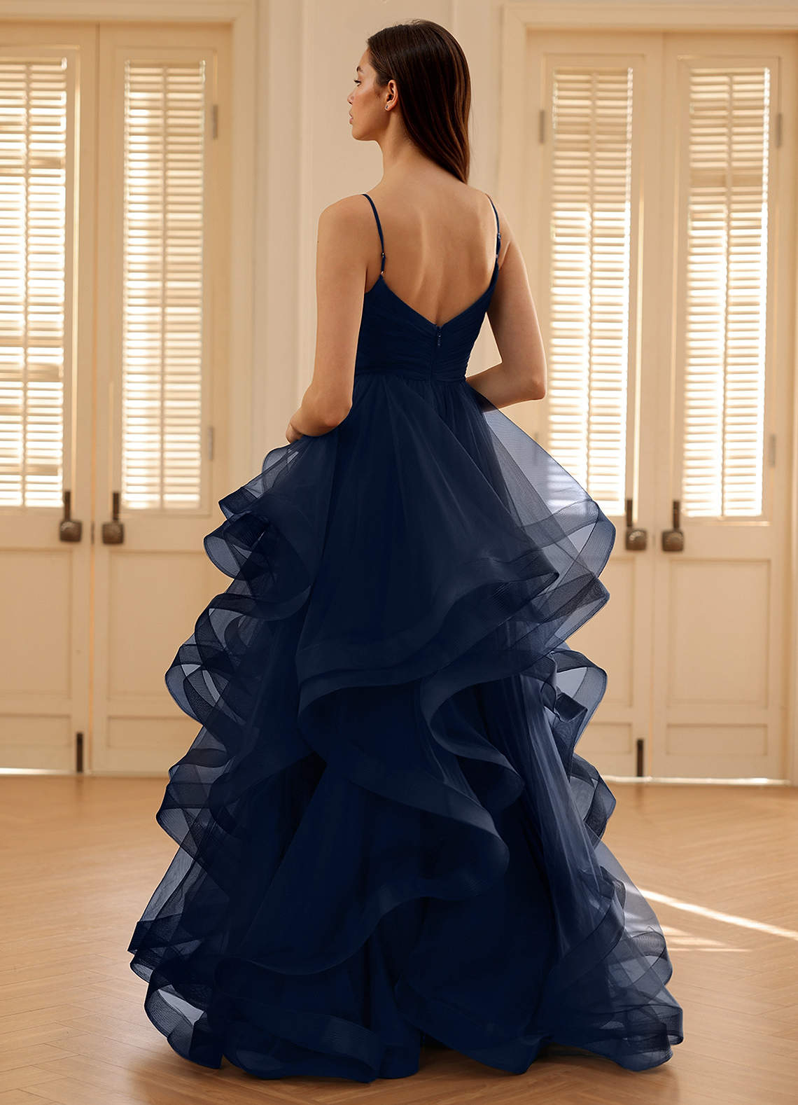 Carmencita Navy A-Line Ruffles Prom Dress