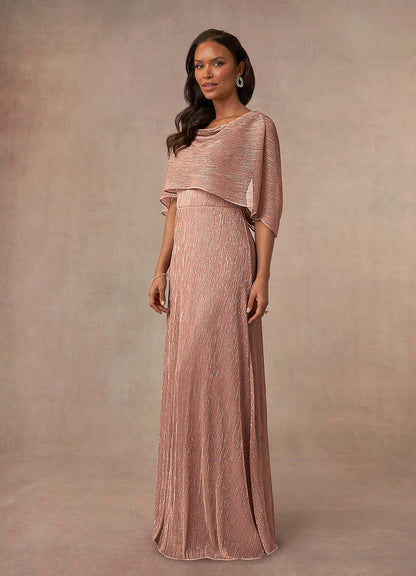 Rose Gold A-Line Cowl Cape Metallic Mesh Dress
