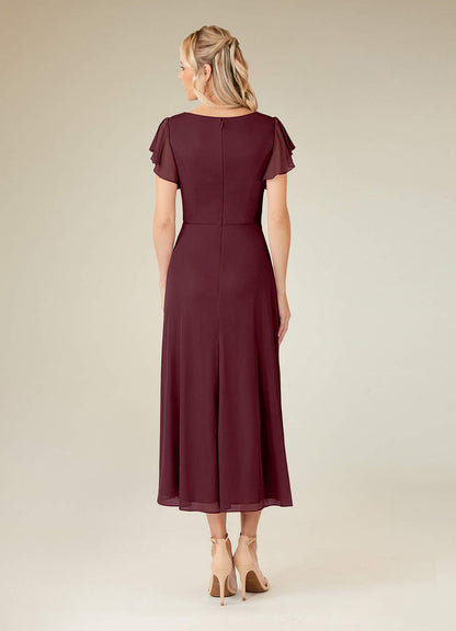 Cabernet A-Line V-Neck Pleated Mesh Dress
