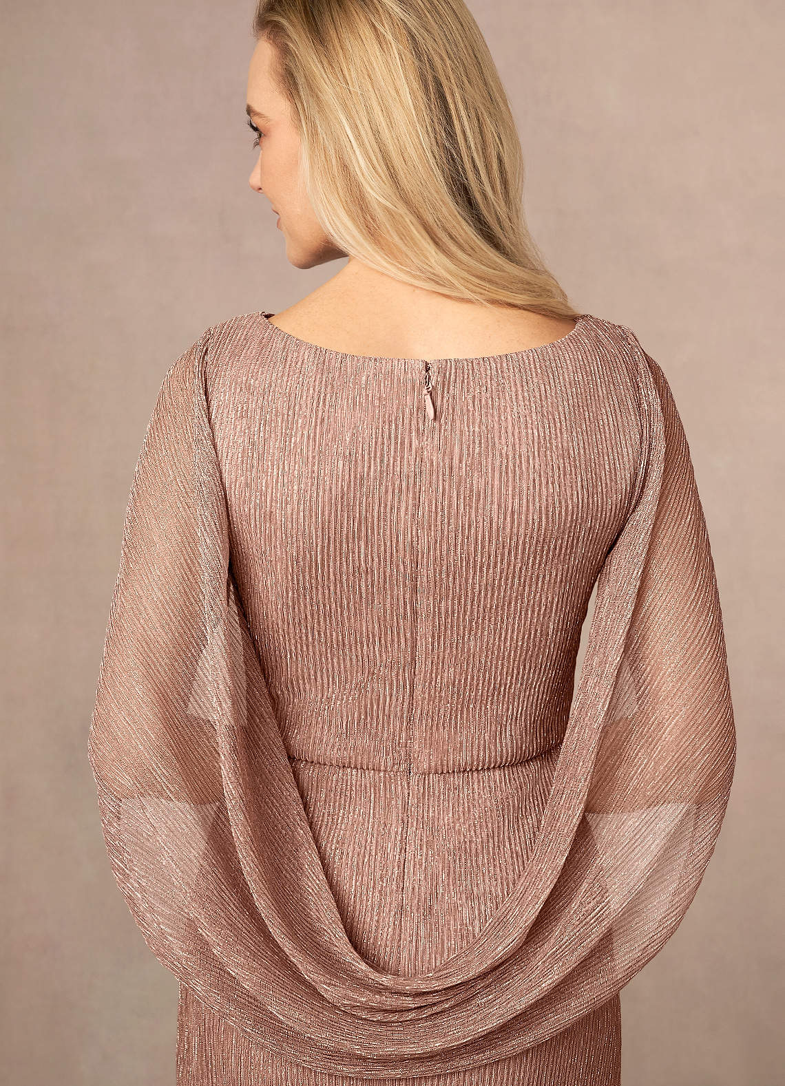 Rose Gold Sheath Pleated Cape Metallic Mesh Dress