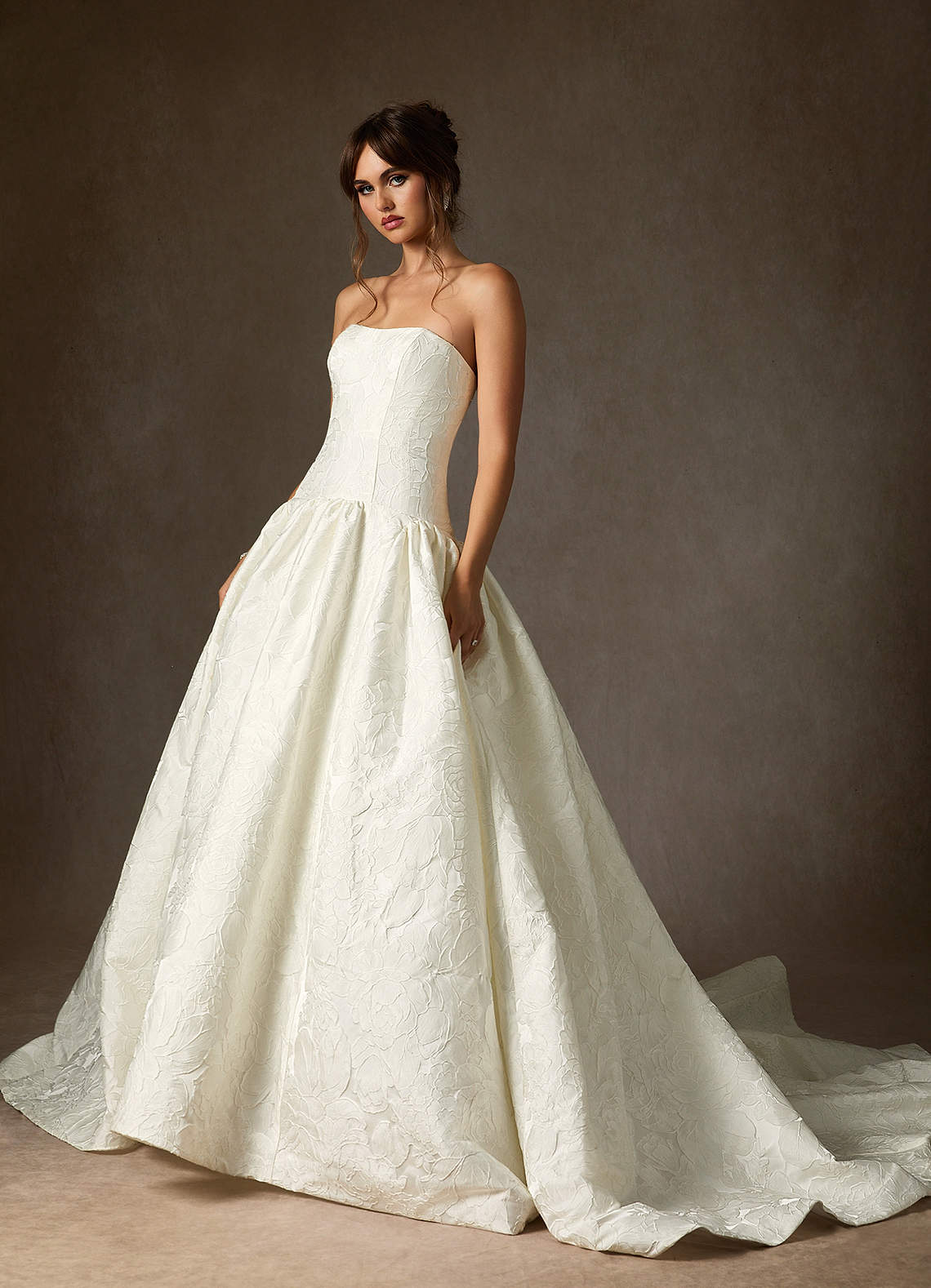 Antique White Ball-Gown Strapless Floral Jacquard Dress