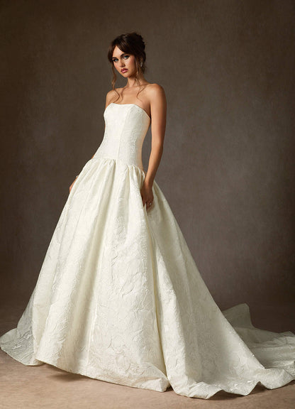 Antique White Ball-Gown Strapless Floral Jacquard Dress