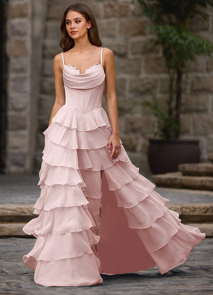 Floralace Powder Pink Ruffled A-Line Prom Dress  Dress