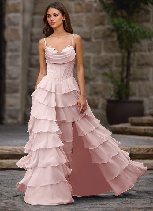 Floralace Powder Pink Ruffled A-Line Prom Dress  Dress