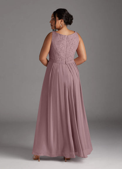 Dusty Rose A-Line Square Neckline Lace Chiffon Dress