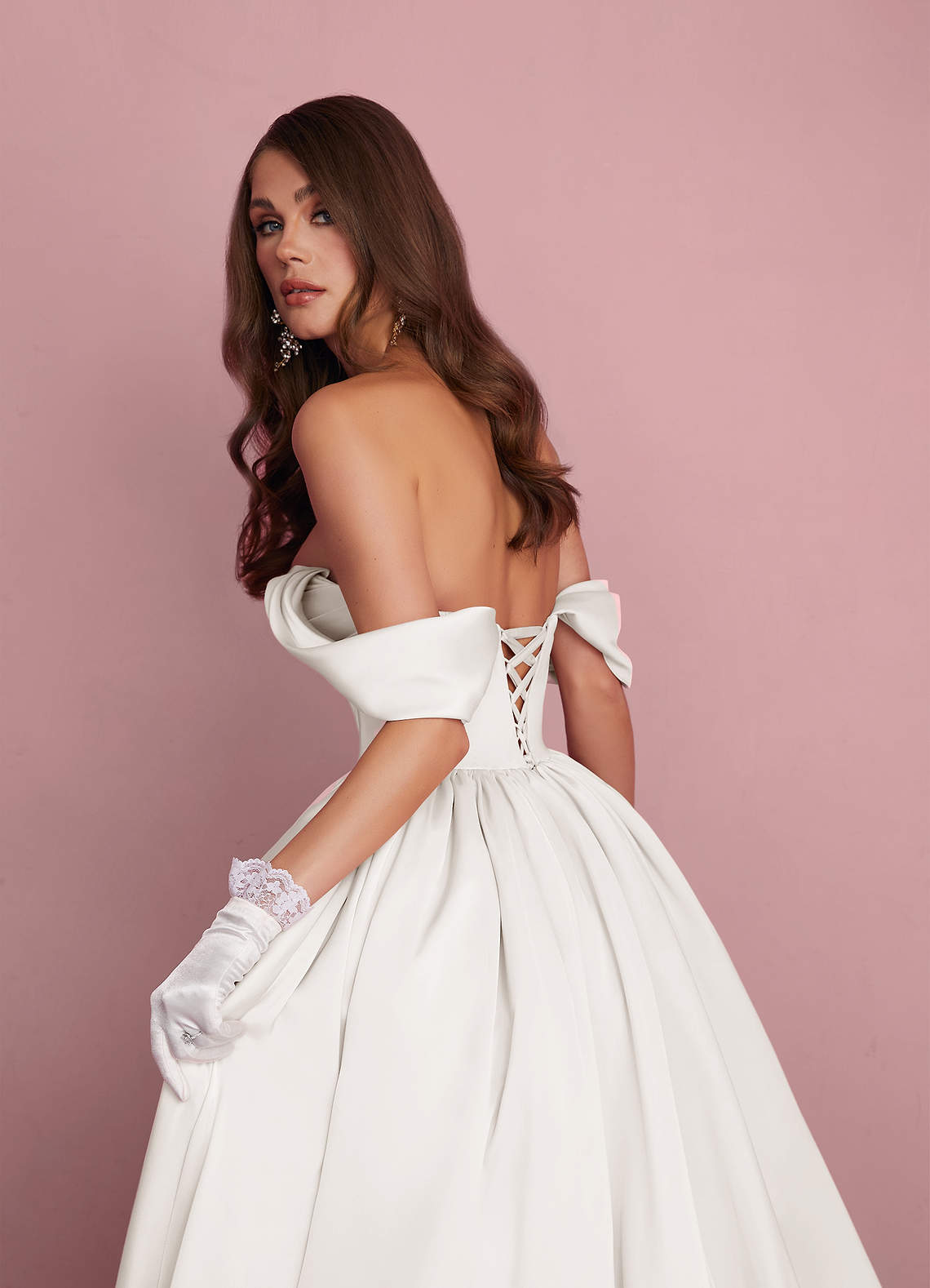 Diamond White Ball-Gown Off the Shoulder Stretch Satin Dress Diamond White