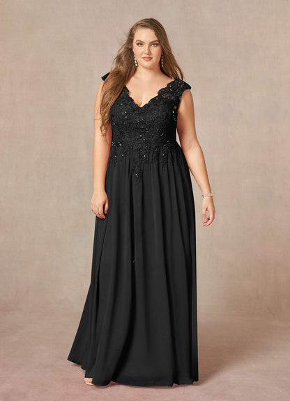Black A-Line V-Neck Sequins Chiffon Dress