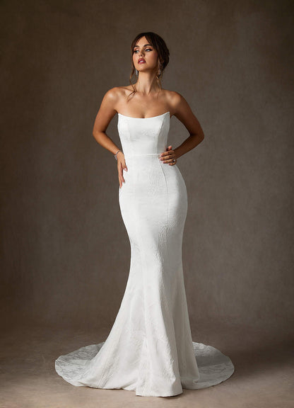 Diamond White Mermaid Strapless Floral Jacquard Dress