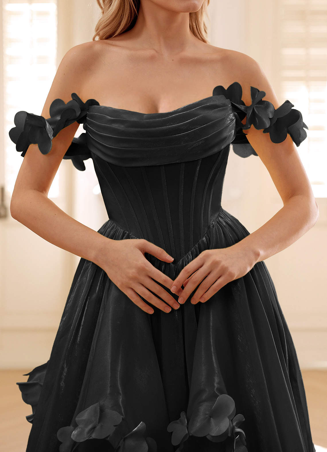 Elysia Black Corset Rhinestone Sheer Lace Prom Dress