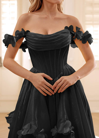 Elysia Black Corset Rhinestone Sheer Lace Prom Dress