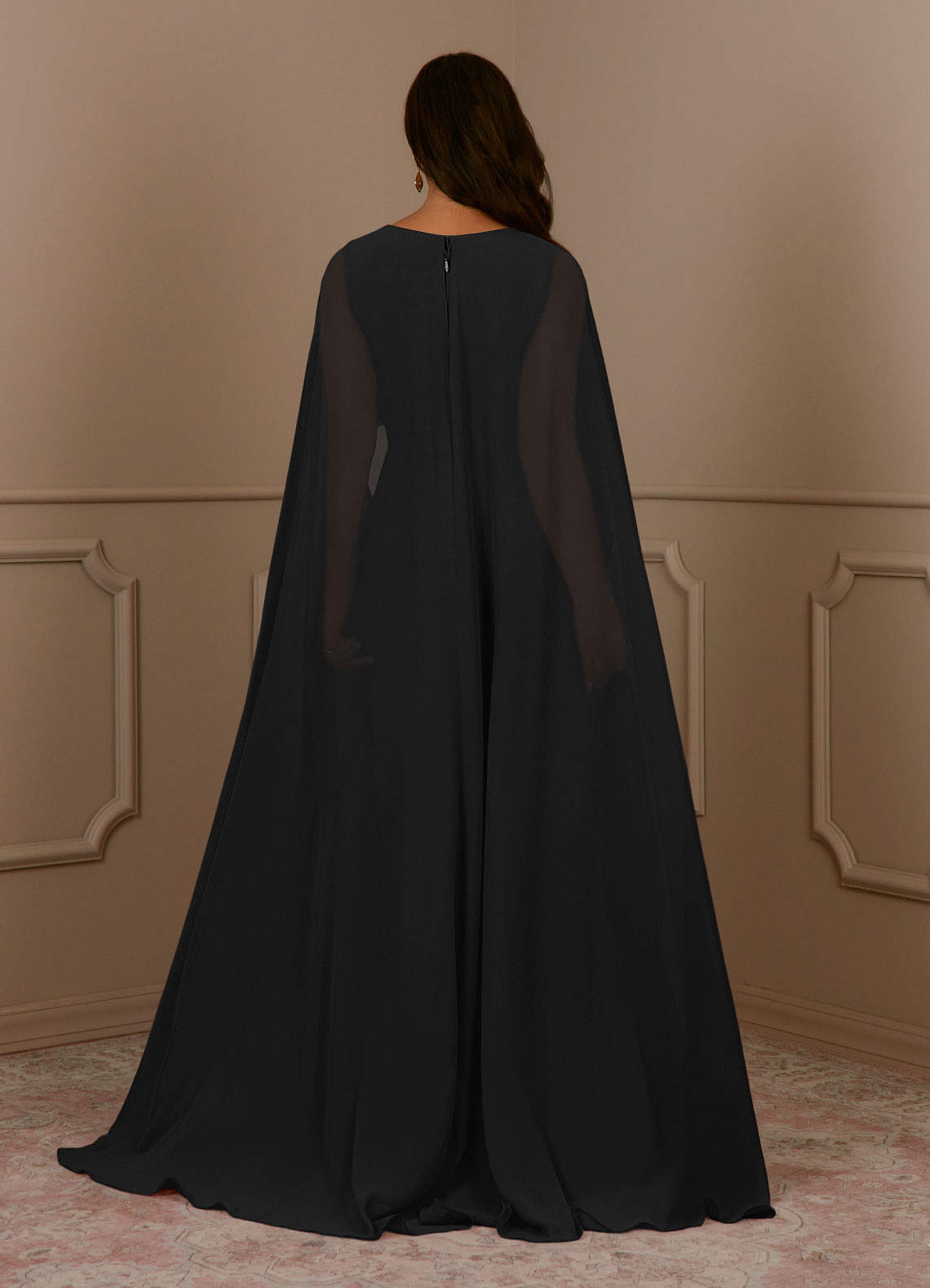Black A-Line V-Neck Pleated Chiffon Dress