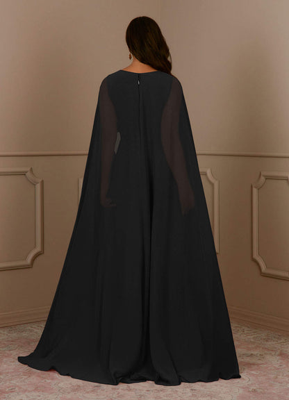 Black A-Line V-Neck Pleated Chiffon Dress