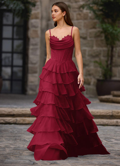 Floralace Merlot Ruffled A-Line Prom Dress
