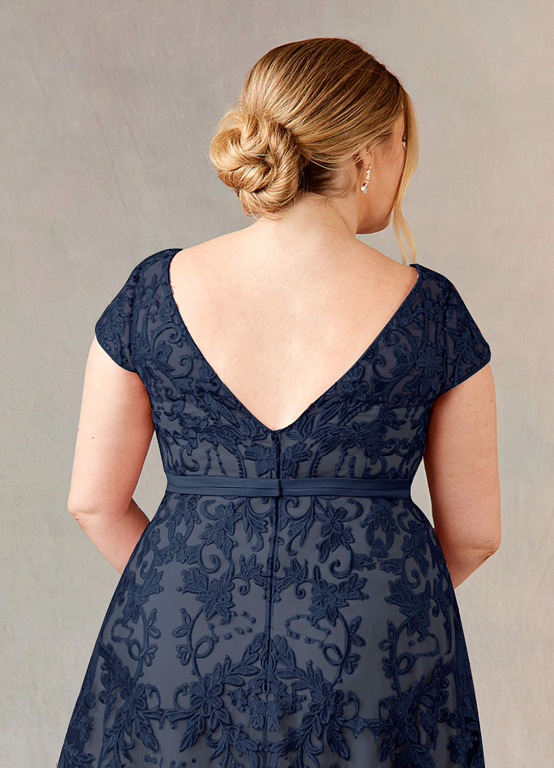 Dark Navy Champagne A-Line Scoop Lace Tulle Dress