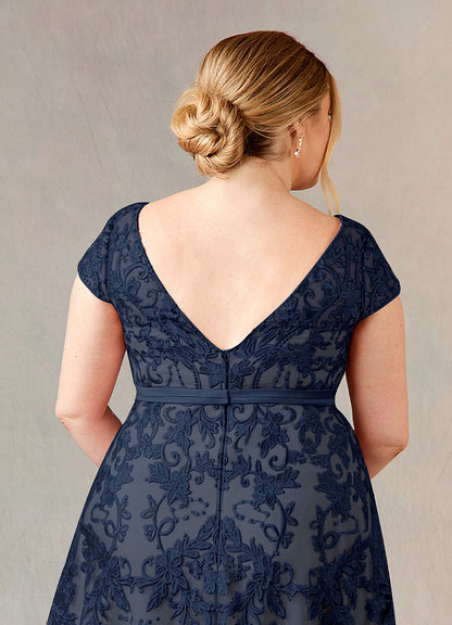 Dark Navy Champagne A-Line Scoop Lace Tulle Dress