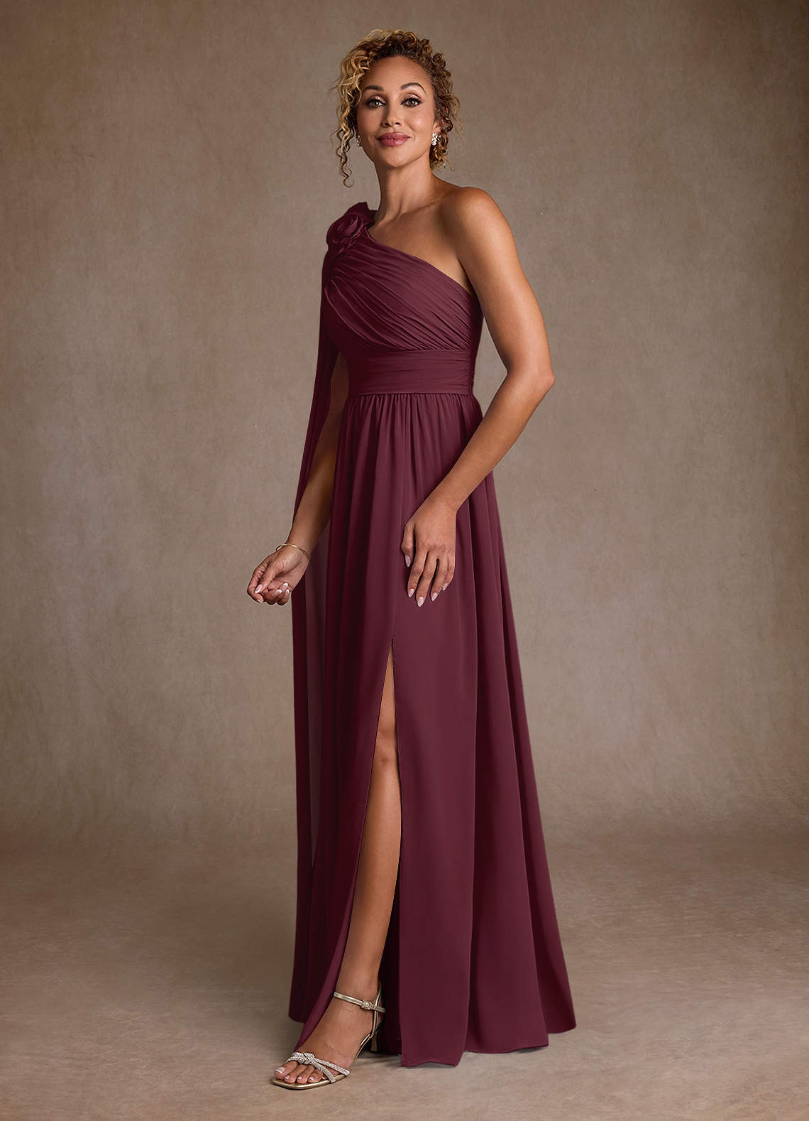 Cabernet A-Line One Shoulder Chiffon Dress