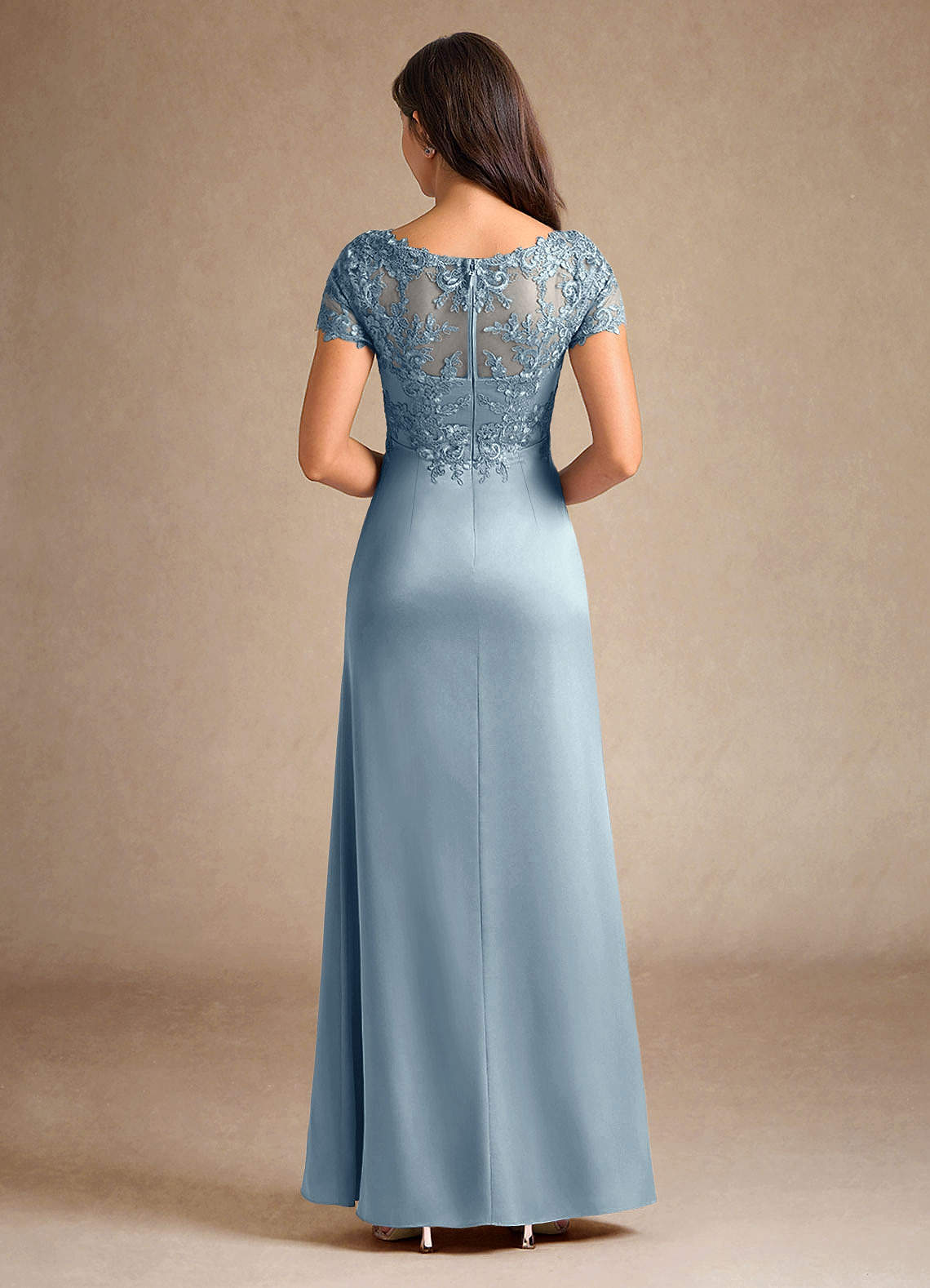 Dusty Blue A-Line Lace Stretch Satin Dress