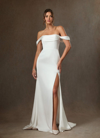 Diamond White Sheath Side Slit Stretch Satin Dress
