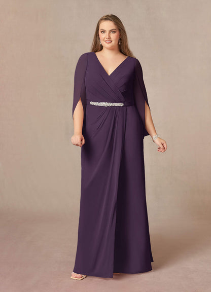 Plum A-Line V-Neck Pleated Chiffon Dress