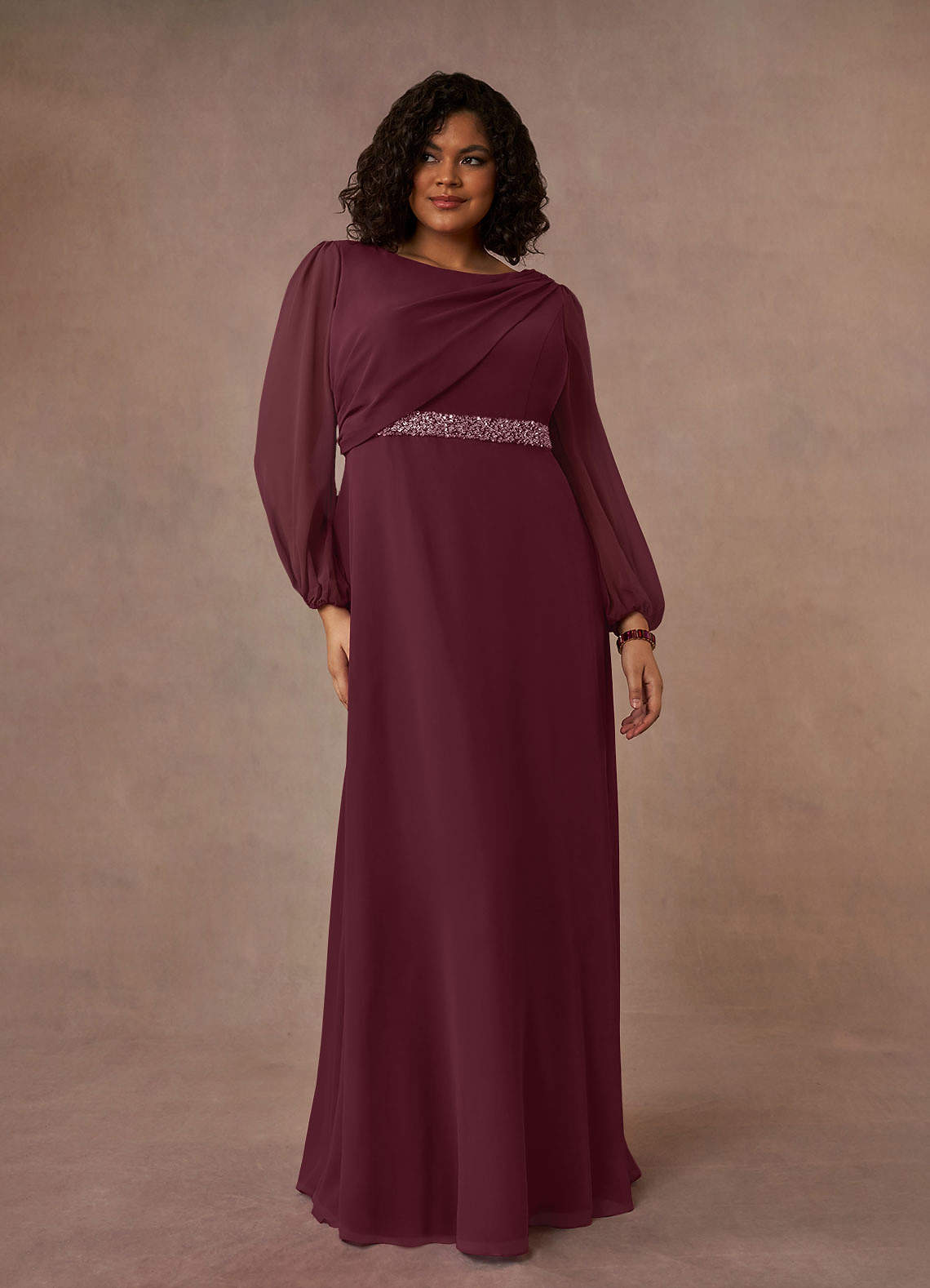 Cabernet A-Line Boatneck Pleated Chiffon Dress