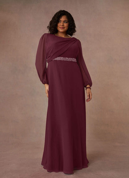 Cabernet A-Line Boatneck Pleated Chiffon Dress