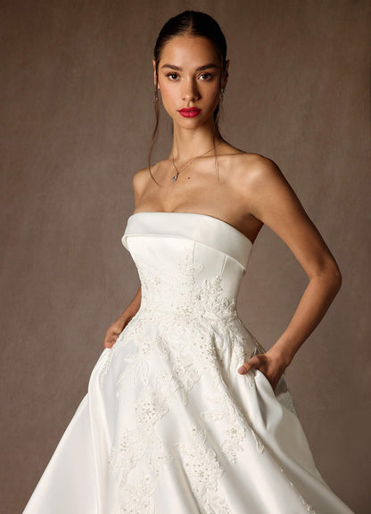 Diamond White Ball-Gown Strapless Satin Dress