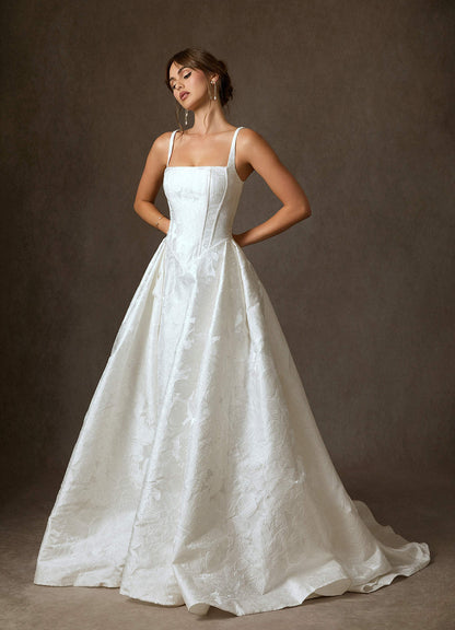 Diamond White Ball-Gown with Pockets Floral Jacquard Dress