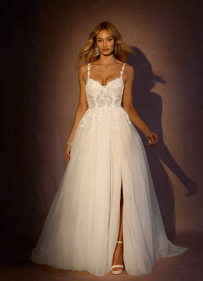 Diamond White A-Line V-Neck Sequins Tulle Dress