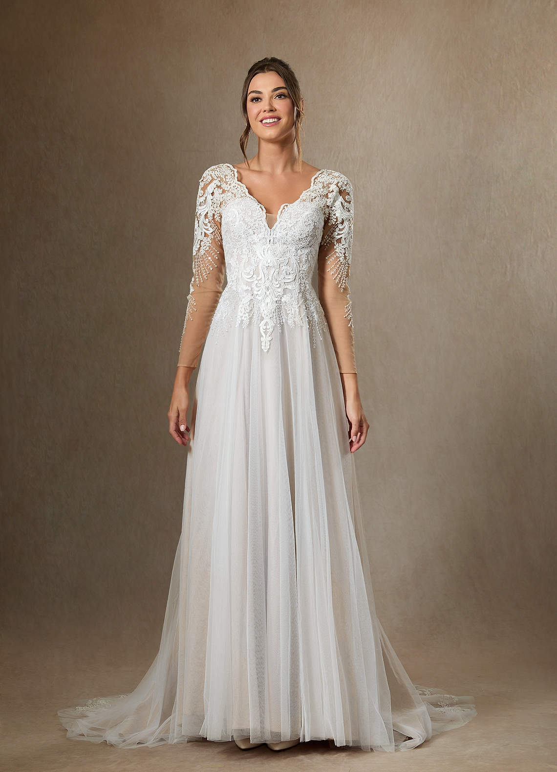 Diamond White A-Line V-Neck Sequins Tulle Dress